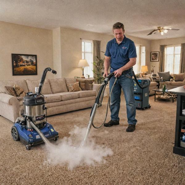 Professional carpet cleaning equipment and team at work